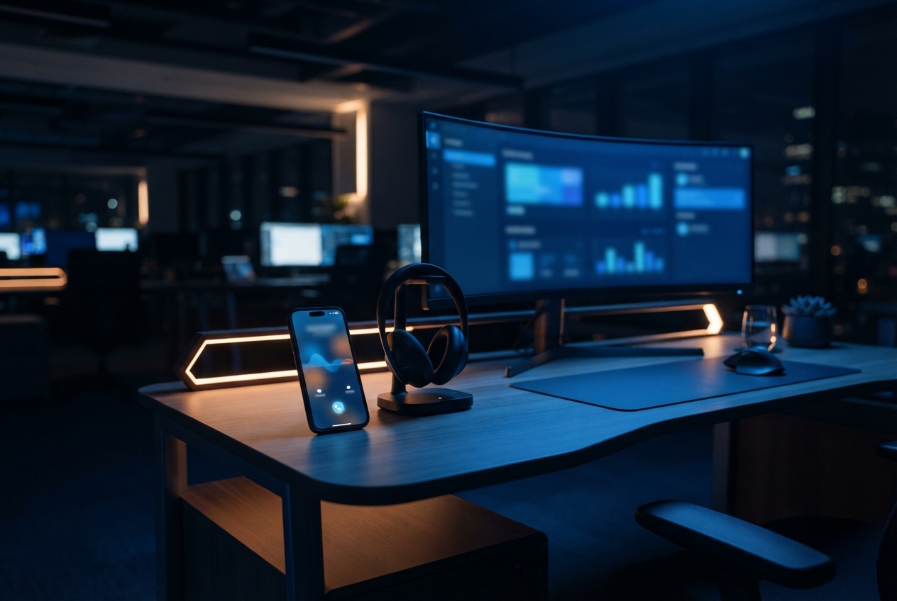 Dark modern workstation with a blue dashboard monitor, smartphone, headset, mouse, and warm geometric desk lighting.