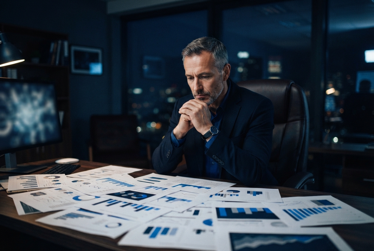 Thoughtful businessman studies blue-and-white charts spread across a desk in a dark office at night.