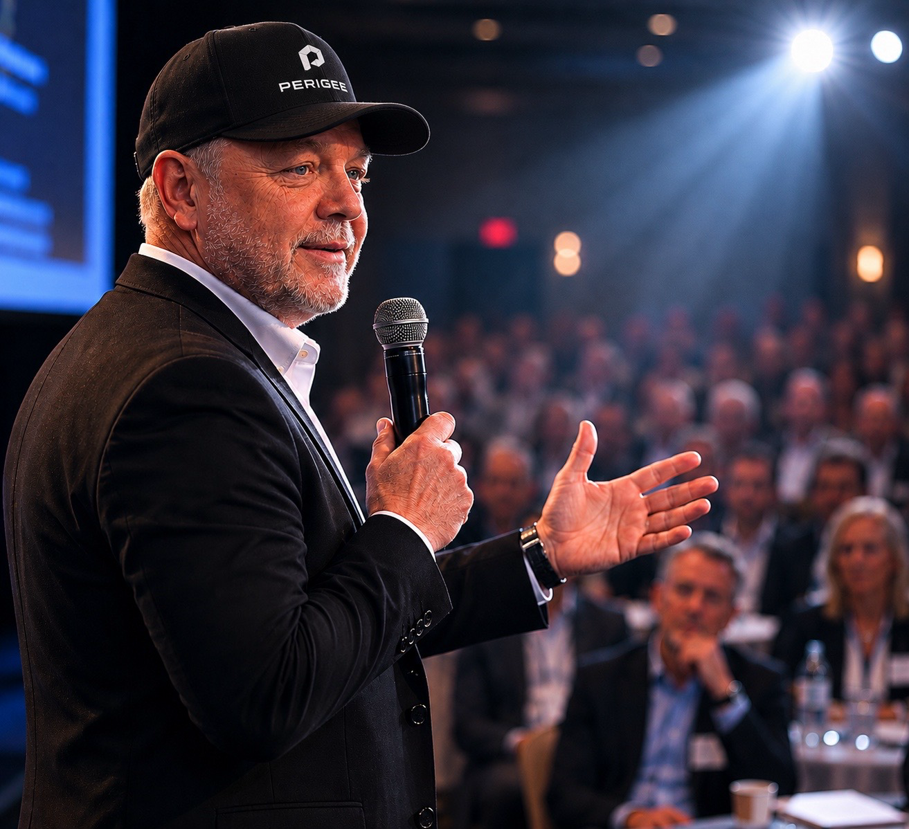 Speaker in a PERIGEE cap addresses a seated audience with a microphone under bright stage lights.