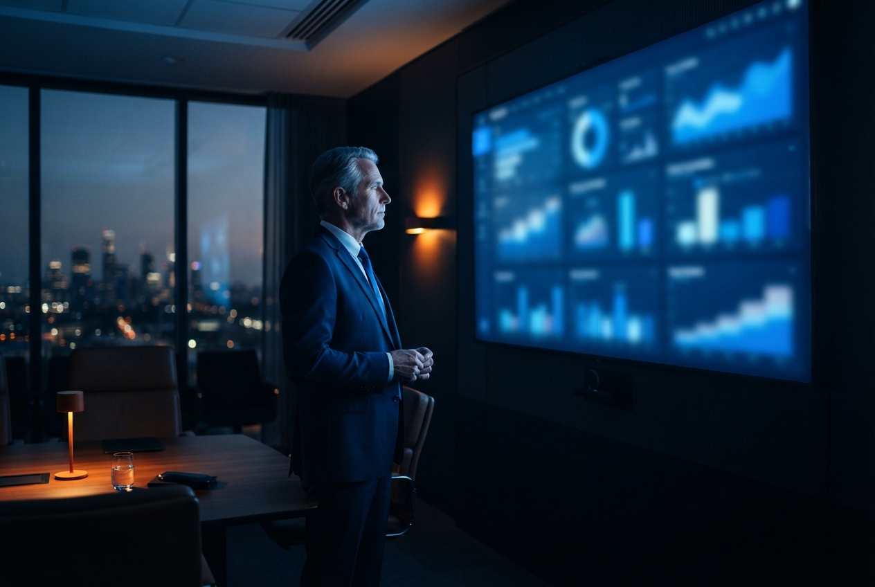 Man in a suit studies a blue analytics dashboard in a dark conference room overlooking a city at night.